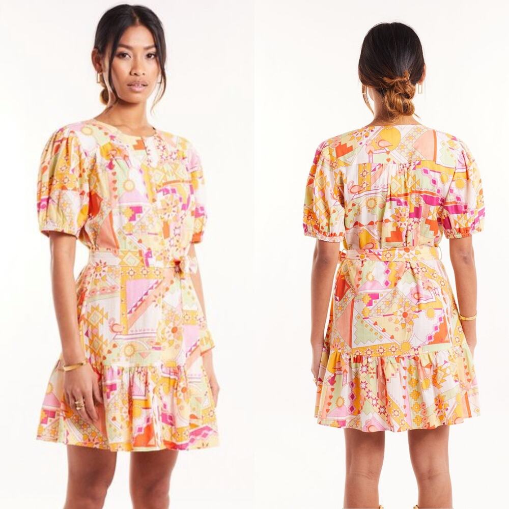Never Full Dressed Lola Dress Womens 8 Orange Print Cotton Belt Resort Colorful